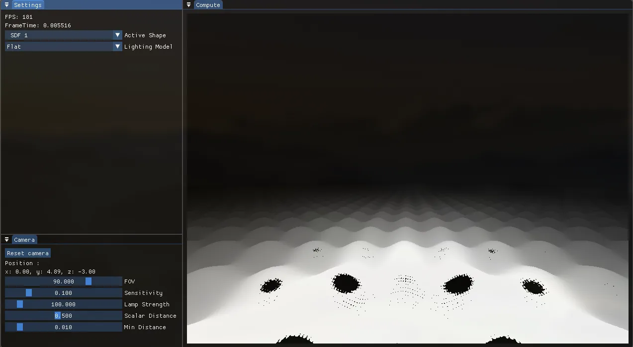 Repeating undulating SDF surface with visible dark artifacts.